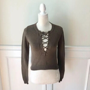 Forever 21 Olive Cropped Lace Up Front Sweater S